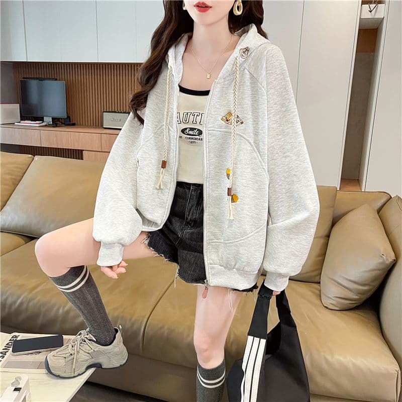 실사 한국 스타일 루즈핏 봄과 가을 자수 지퍼 패치워크 후아 면 후드티 여성 재킷 상세 이미지 8
