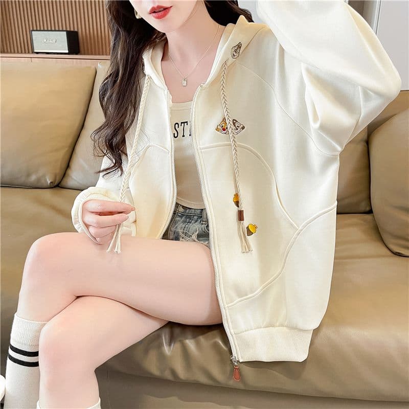 실사 한국 스타일 루즈핏 봄과 가을 자수 지퍼 패치워크 후아 면 후드티 여성 재킷 상세 이미지 12