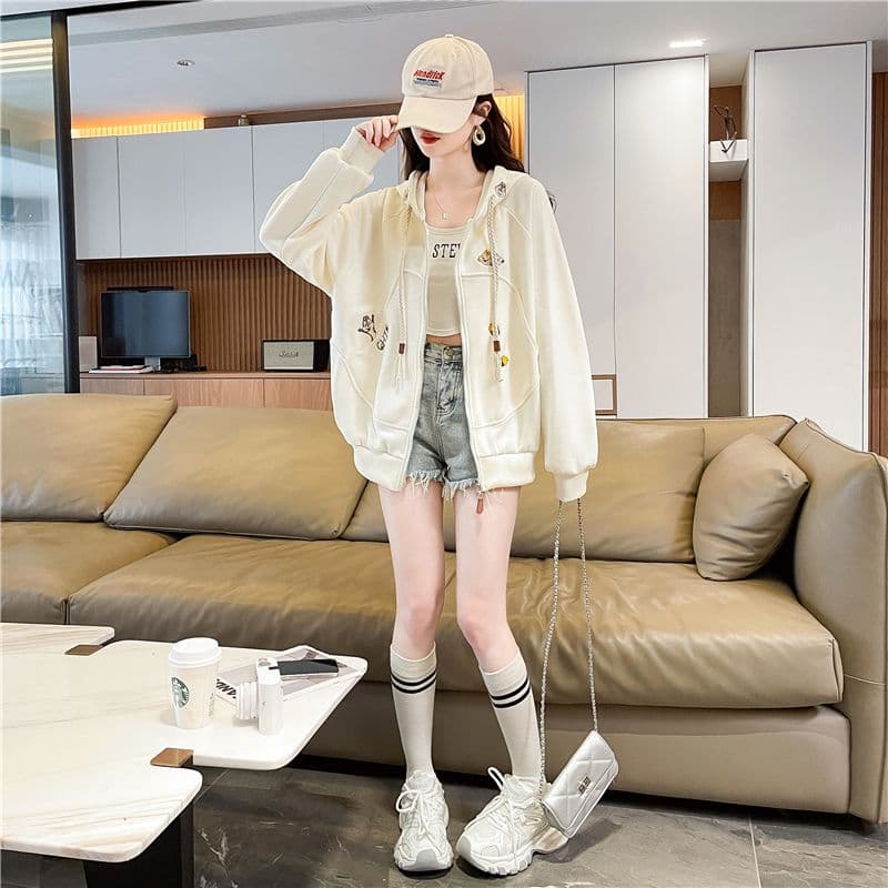 실사 한국 스타일 루즈핏 봄과 가을 자수 지퍼 패치워크 후아 면 후드티 여성 재킷 상세 이미지 14