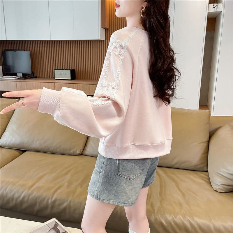 실사 한국 스타일 루즈핏 봄과 가을 레이스 레이스 장식 패치워크 후아 면 후드티 여성 상세 이미지 3
