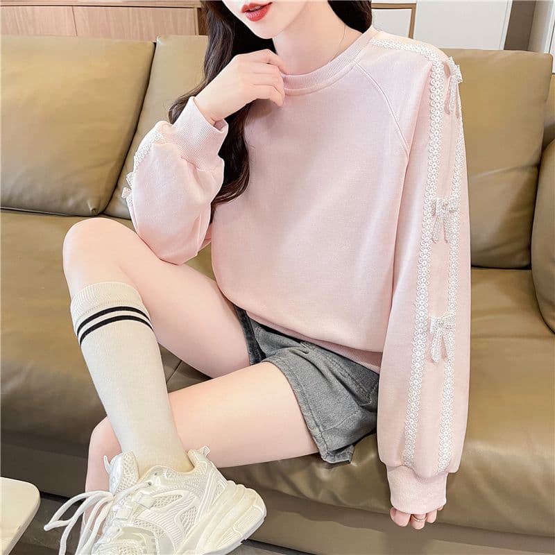 실사 한국 스타일 루즈핏 봄과 가을 레이스 레이스 장식 패치워크 후아 면 후드티 여성 상세 이미지 5
