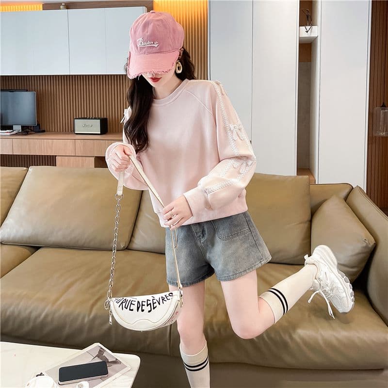실사 한국 스타일 루즈핏 봄과 가을 레이스 레이스 장식 패치워크 후아 면 후드티 여성 상세 이미지 7