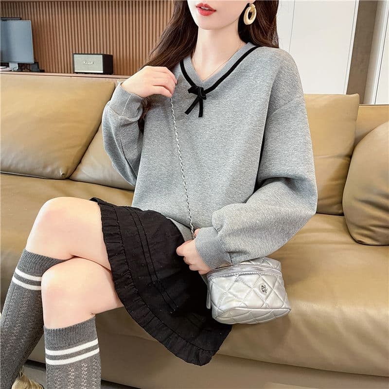 실사 한국 스타일 루즈핏 봄과 가을 리본 레이스 나비 매듭 장식 후아 면 후드티 여성 상세 이미지 3