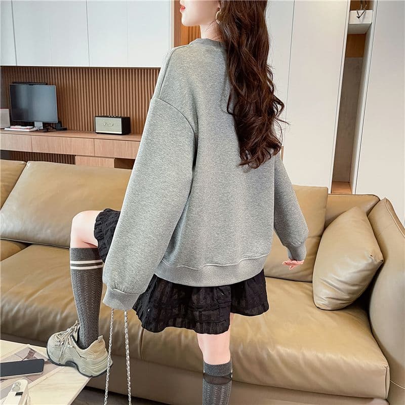 실사 한국 스타일 루즈핏 봄과 가을 리본 레이스 나비 매듭 장식 후아 면 후드티 여성 상세 이미지 4