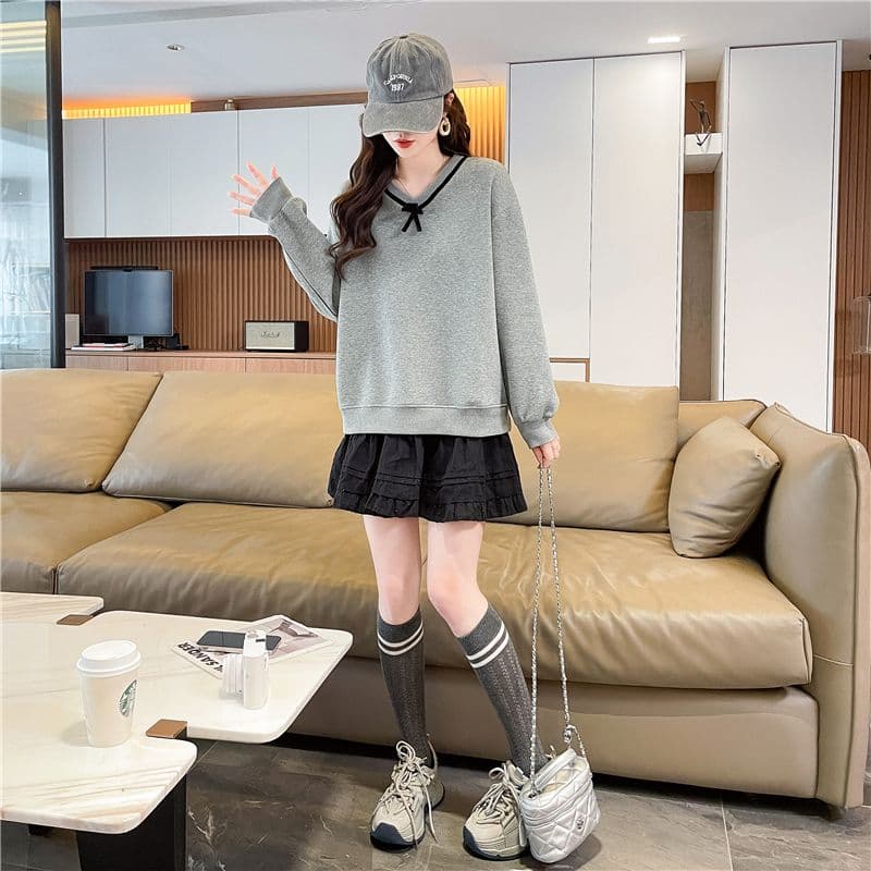실사 한국 스타일 루즈핏 봄과 가을 리본 레이스 나비 매듭 장식 후아 면 후드티 여성 상세 이미지 5