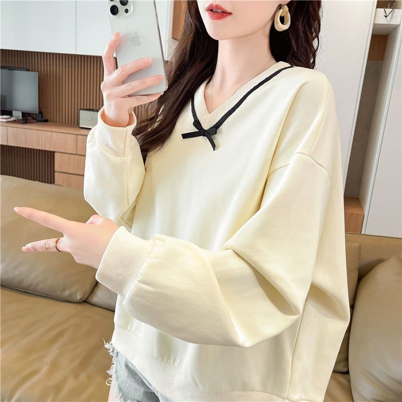 실사 한국 스타일 루즈핏 봄과 가을 리본 레이스 나비 매듭 장식 후아 면 후드티 여성 상세 이미지 10