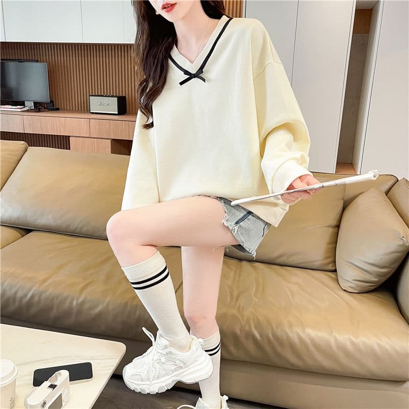 실사 한국 스타일 루즈핏 봄과 가을 리본 레이스 나비 매듭 장식 후아 면 후드티 여성 상세 이미지 11
