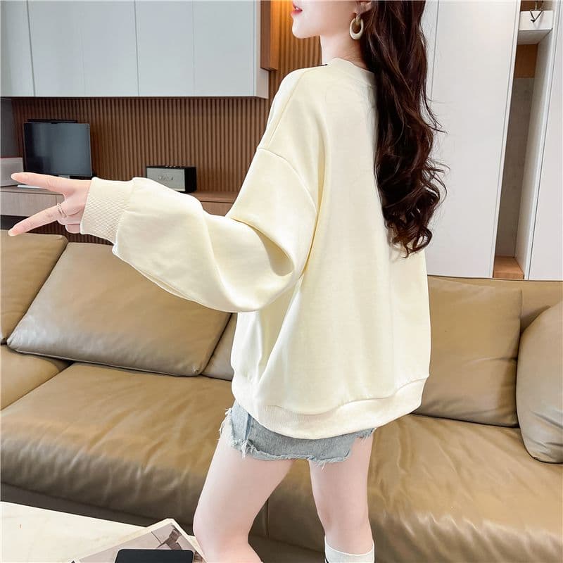 실사 한국 스타일 루즈핏 봄과 가을 리본 레이스 나비 매듭 장식 후아 면 후드티 여성 상세 이미지 12