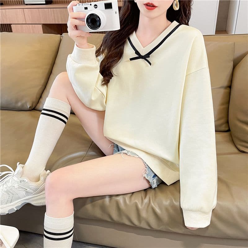 실사 한국 스타일 루즈핏 봄과 가을 리본 레이스 나비 매듭 장식 후아 면 후드티 여성 상세 이미지 13