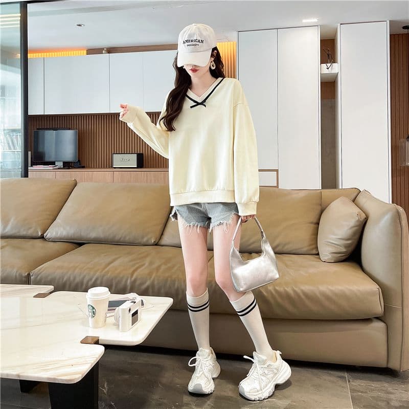 실사 한국 스타일 루즈핏 봄과 가을 리본 레이스 나비 매듭 장식 후아 면 후드티 여성 상세 이미지 14