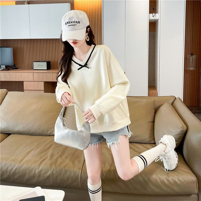 실사 한국 스타일 루즈핏 봄과 가을 리본 레이스 나비 매듭 장식 후아 면 후드티 여성 상세 이미지 15