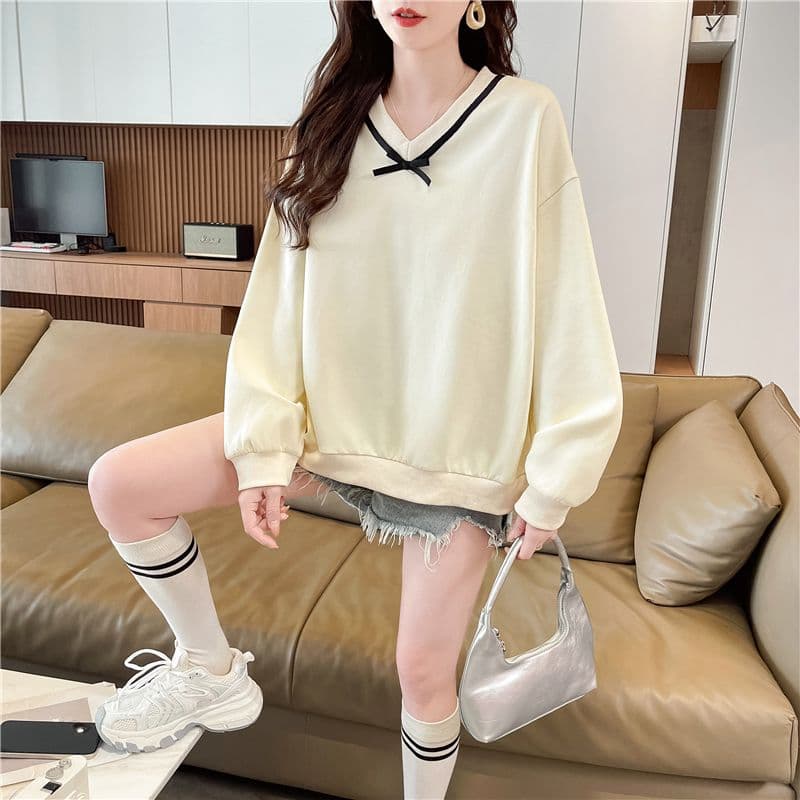 실사 한국 스타일 루즈핏 봄과 가을 리본 레이스 나비 매듭 장식 후아 면 후드티 여성 상세 이미지 16