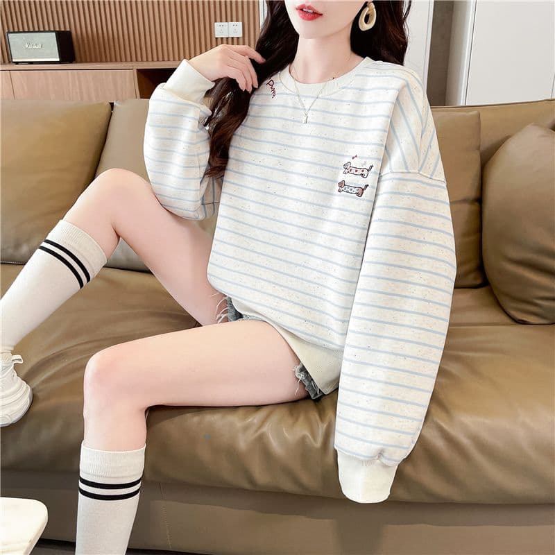 실사 한국 스타일 루즈핏 봄과 가을 자수 스트라이프 색상 포인트 후아 면 후드티 여성 상세 이미지 4