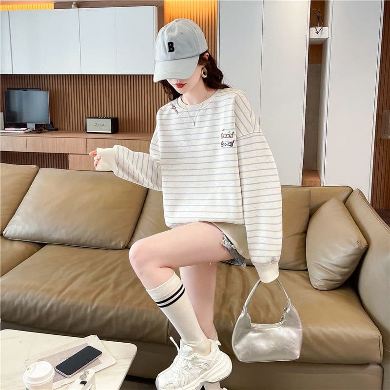 실사 한국 스타일 루즈핏 봄과 가을 자수 스트라이프 색상 포인트 후아 면 후드티 여성 상세 이미지 6