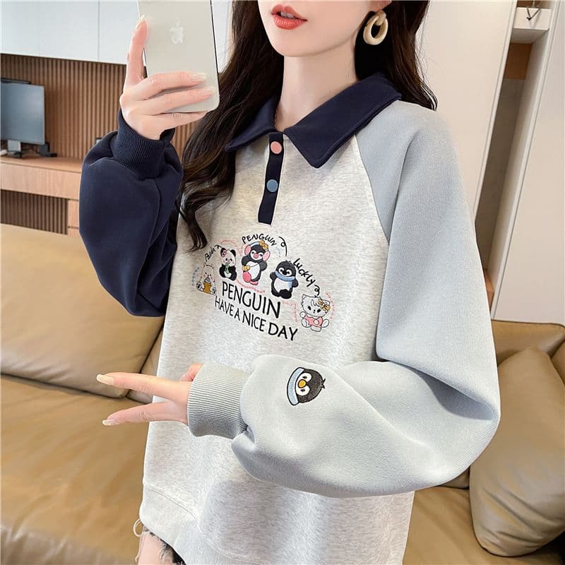 실사 한국 스타일 루즈핏 봄과 가을 자수 싸움 플러그 색상 후아 면 후드티 여성