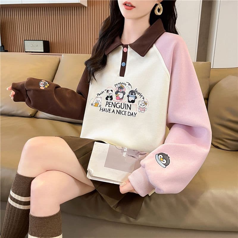실사 한국 스타일 루즈핏 봄과 가을 자수 싸움 플러그 색상 후아 면 후드티 여성 상세 이미지 4