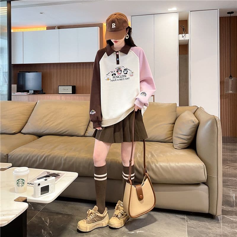 실사 한국 스타일 루즈핏 봄과 가을 자수 싸움 플러그 색상 후아 면 후드티 여성 상세 이미지 5
