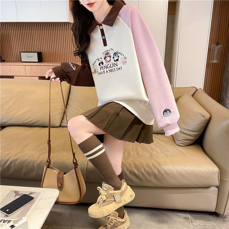 실사 한국 스타일 루즈핏 봄과 가을 자수 싸움 플러그 색상 후아 면 후드티 여성 상세 이미지 7