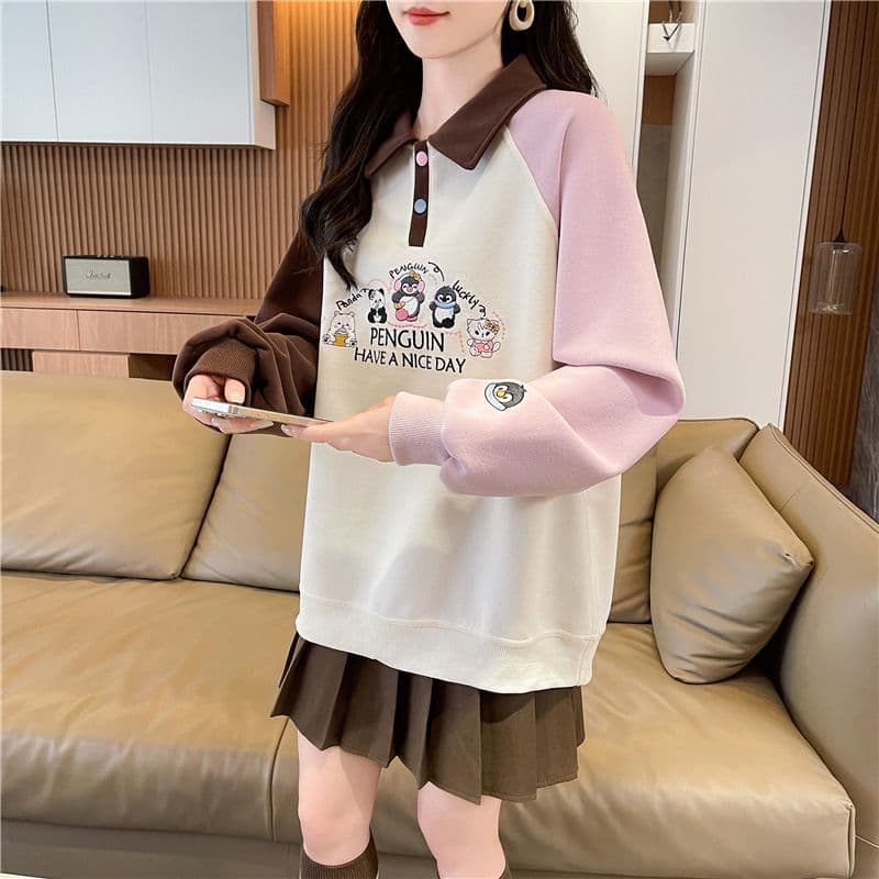 실사 한국 스타일 루즈핏 봄과 가을 자수 싸움 플러그 색상 후아 면 후드티 여성 상세 이미지 9