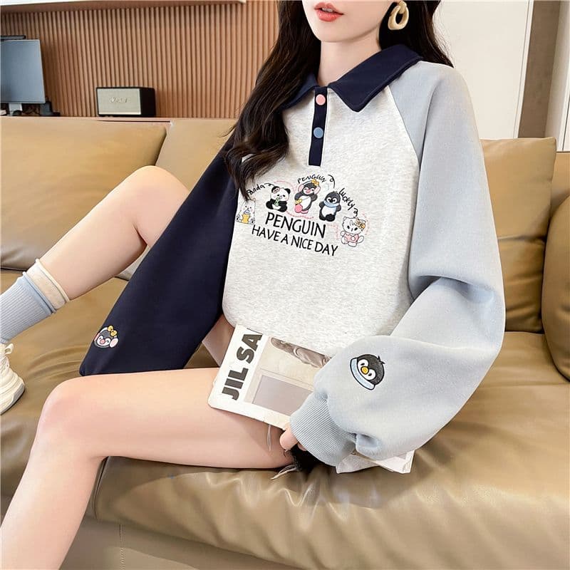 실사 한국 스타일 루즈핏 봄과 가을 자수 싸움 플러그 색상 후아 면 후드티 여성 상세 이미지 12