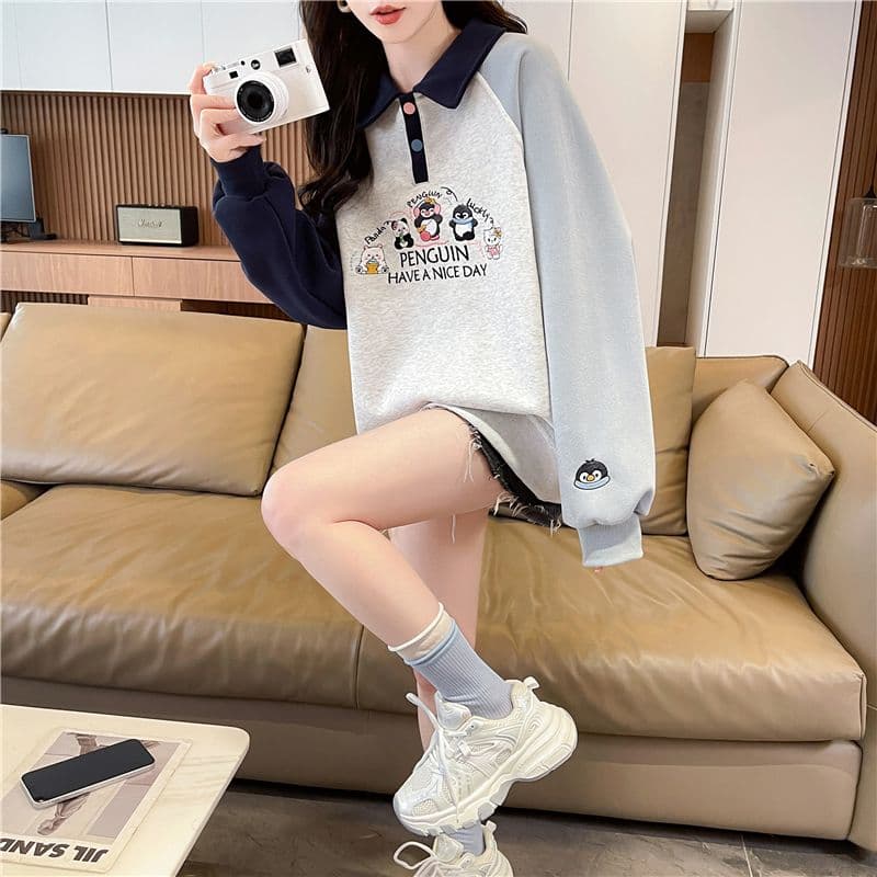 실사 한국 스타일 루즈핏 봄과 가을 자수 싸움 플러그 색상 후아 면 후드티 여성 상세 이미지 16