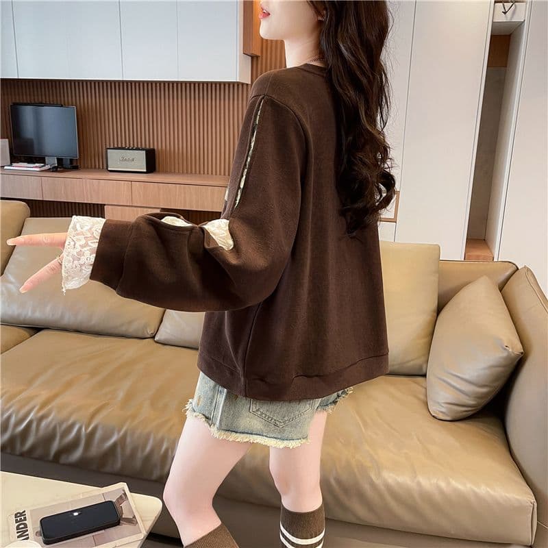 실사 한국 스타일 루즈핏 봄과 가을 레이스 조각 작은 디자인 프린트 후아 면 후드티 여성 상세 이미지 3