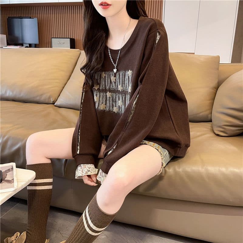 실사 한국 스타일 루즈핏 봄과 가을 레이스 조각 작은 디자인 프린트 후아 면 후드티 여성 상세 이미지 4