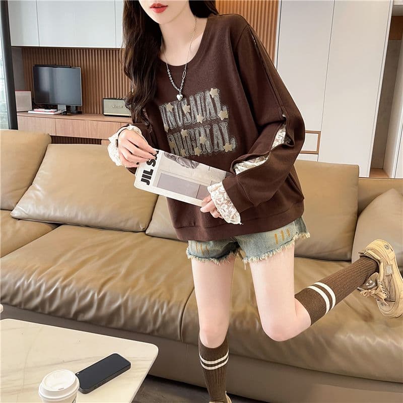 실사 한국 스타일 루즈핏 봄과 가을 레이스 조각 작은 디자인 프린트 후아 면 후드티 여성 상세 이미지 8