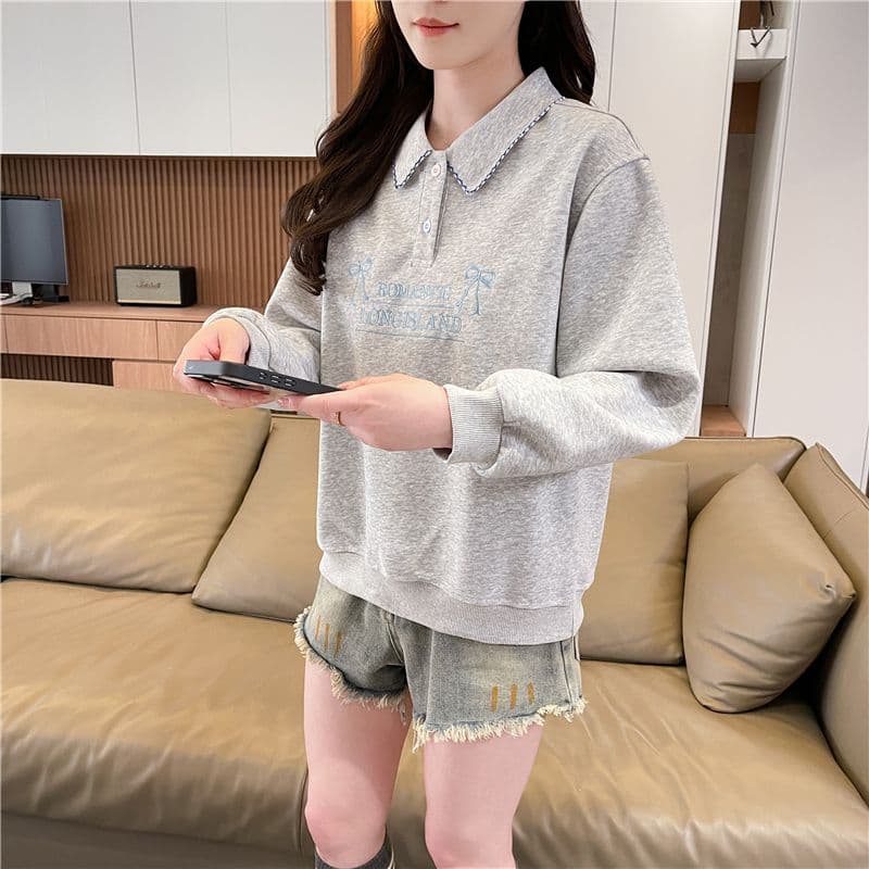 실사 한국 스타일 루즈핏 봄과 가을 자수 패치워크 초승달 모양의 작은 디자인 후아 면 후드티 여성 이미지 3