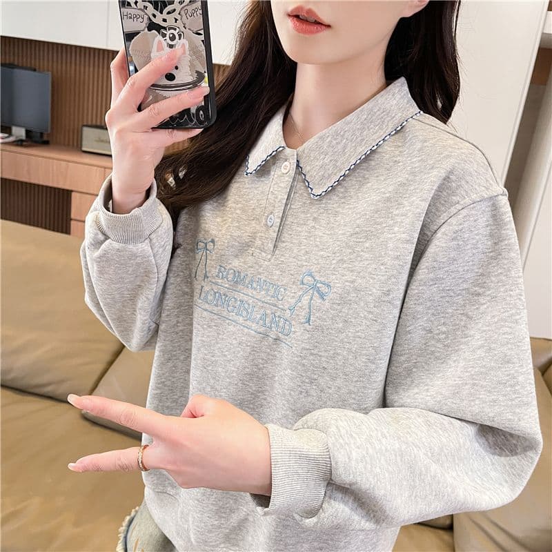 실사 한국 스타일 루즈핏 봄과 가을 자수 패치워크 초승달 모양의 작은 디자인 후아 면 후드티 여성 상세 이미지 2