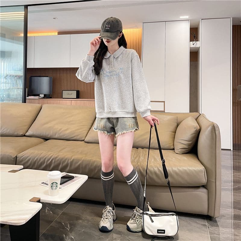실사 한국 스타일 루즈핏 봄과 가을 자수 패치워크 초승달 모양의 작은 디자인 후아 면 후드티 여성 상세 이미지 6