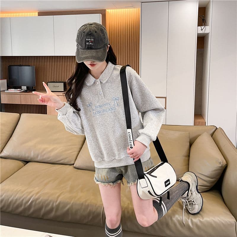 실사 한국 스타일 루즈핏 봄과 가을 자수 패치워크 초승달 모양의 작은 디자인 후아 면 후드티 여성 상세 이미지 7