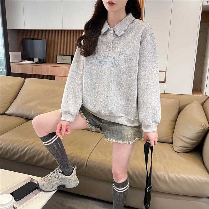 실사 한국 스타일 루즈핏 봄과 가을 자수 패치워크 초승달 모양의 작은 디자인 후아 면 후드티 여성 상세 이미지 8