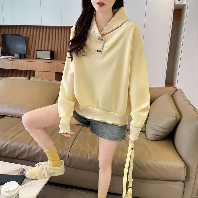 실사 한국 스타일 루즈핏 봄과 가을 3 차원 장식 패치워크 조개 삽입 색상 후아 면 후드티 여성 이미지 3