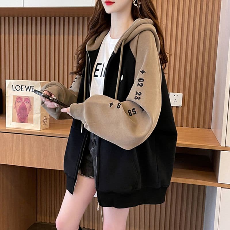 경관 그림 모방 후아 면 복잡한 우유 실크 2026 가을 얇은 스타일 후드티 루즈핏 캐주얼 후드 여성 코트 이미지 4