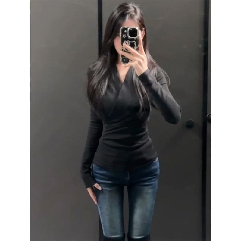 경관 그림 순수한 욕망 섹시함 작은 심장 기계 V넥 긴팔 티셔츠 여성 가을 겨울 De 플러시 보온 기본 셔츠 인사이드 가져 가라. 외출용 맨위 이미지 2