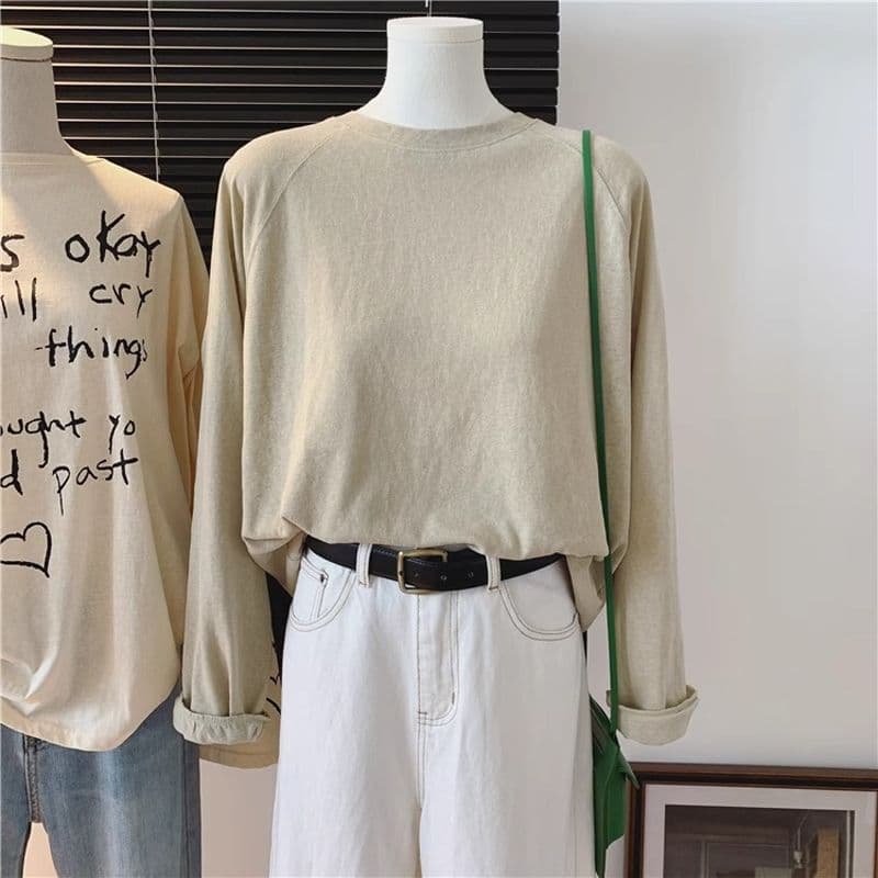경관 그림 봄 가을 긴팔 티셔츠 여성 루즈핏 한국 스타일 인사이드 가져 가라. 기본 셔츠 외국 가스 삽입 어깨 소매 맨위