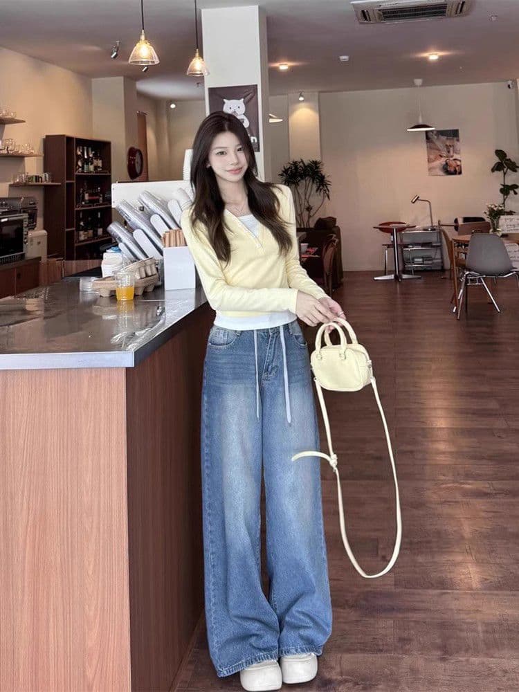 경관 그림 순면 리브 페이크 레이어드 긴팔 티셔츠 여성 가을 겨울 몸매 가꾸기 작은 키 쇼트 스타일 긍정적 인 어깨 만나는 맨위 상세 이미지 5