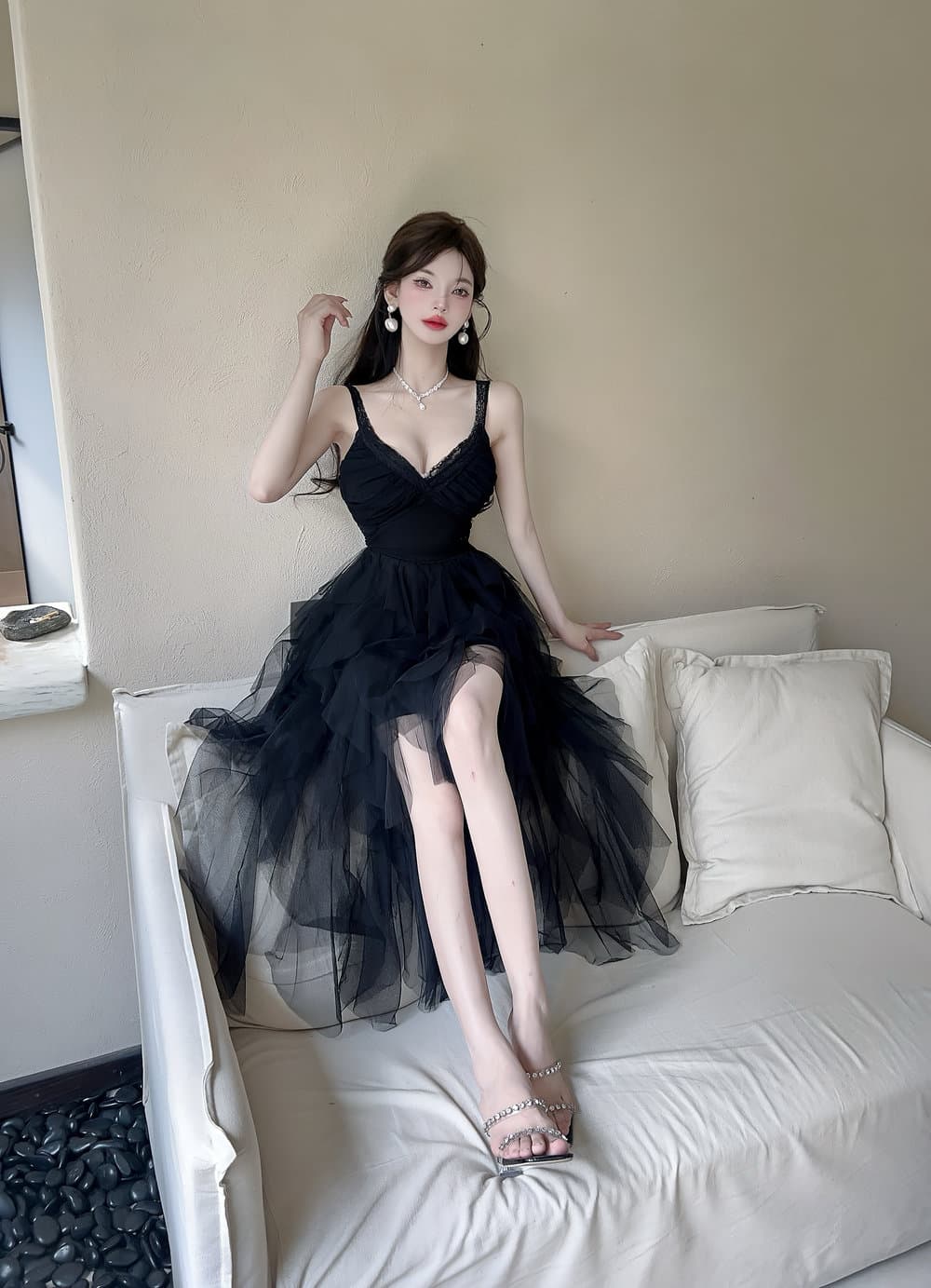 실사 프랑스식 V넥 슬립 드레스 여름 슈퍼 요정 허리 수축 망사 예복 한 마디 퍼프 드레스 상세 이미지 21