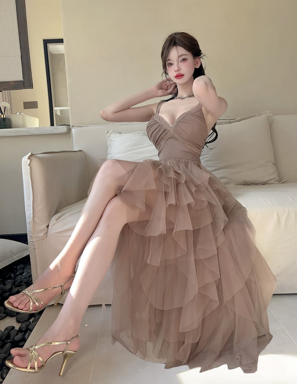 실사 프랑스식 V넥 슬립 드레스 여름 슈퍼 요정 허리 수축 망사 예복 한 마디 퍼프 드레스 상세 이미지 29
