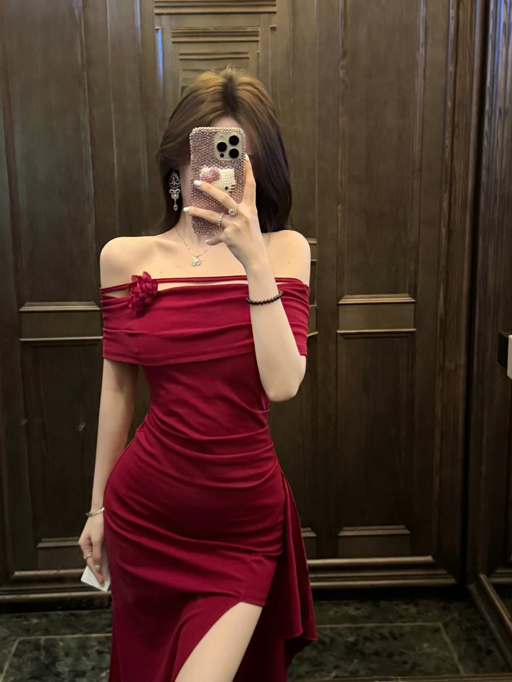 실사 명문 여성 품격 오프숄더 튜브탑 꽃 불규칙 오프숄더 허리 수축 트임 예복 드레스 상세 이미지 2