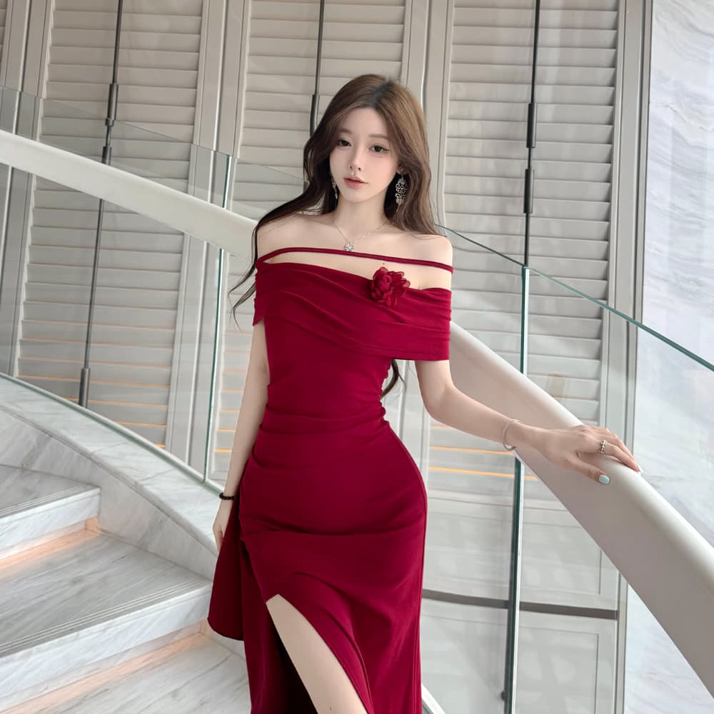 실사 명문 여성 품격 오프숄더 튜브탑 꽃 불규칙 오프숄더 허리 수축 트임 예복 드레스 상세 이미지 3