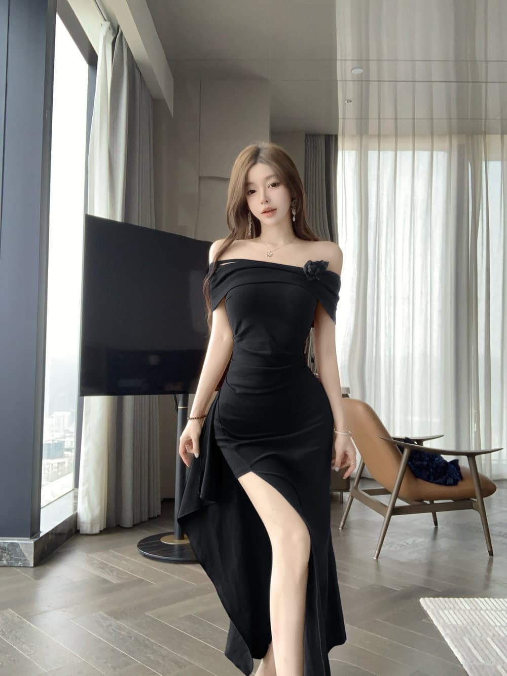 실사 명문 여성 품격 오프숄더 튜브탑 꽃 불규칙 오프숄더 허리 수축 트임 예복 드레스 상세 이미지 14