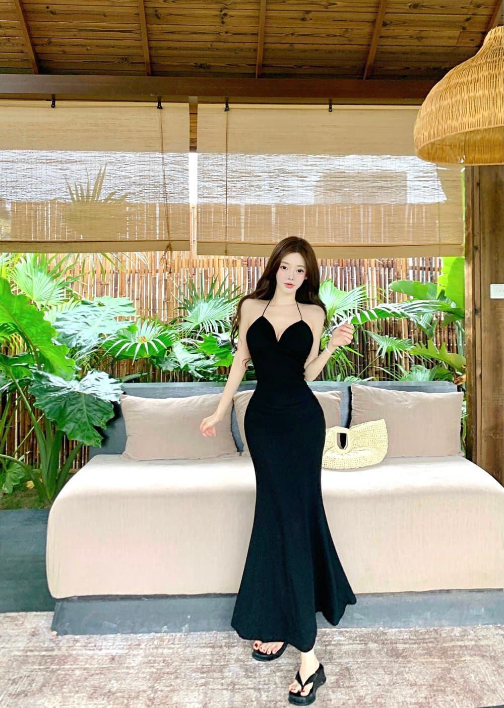 실사 검정색 섹시함 나비 매듭 디자인 센스 작은 심장 기계 행침 목 V넥 슬림해 보이는 예복 드레스 상세 이미지 11