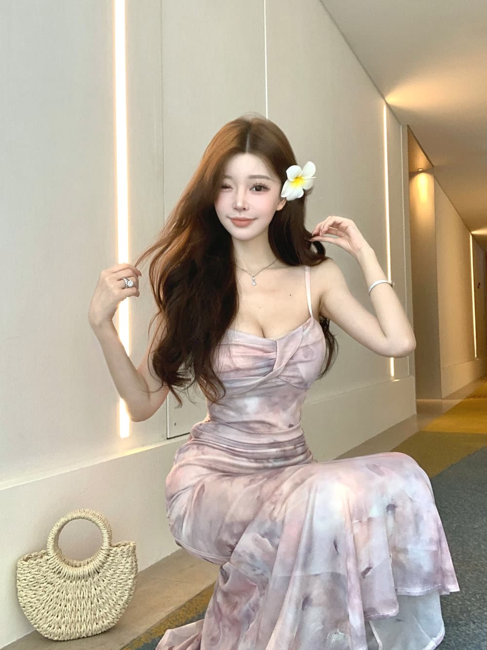 실사 순수한 욕망 꽃무늬 흔들다 칼라 품격 헤일로 염색 섹시함 허리 수축 아름다운 롱 코트 슬립 드레스 상세 이미지 2