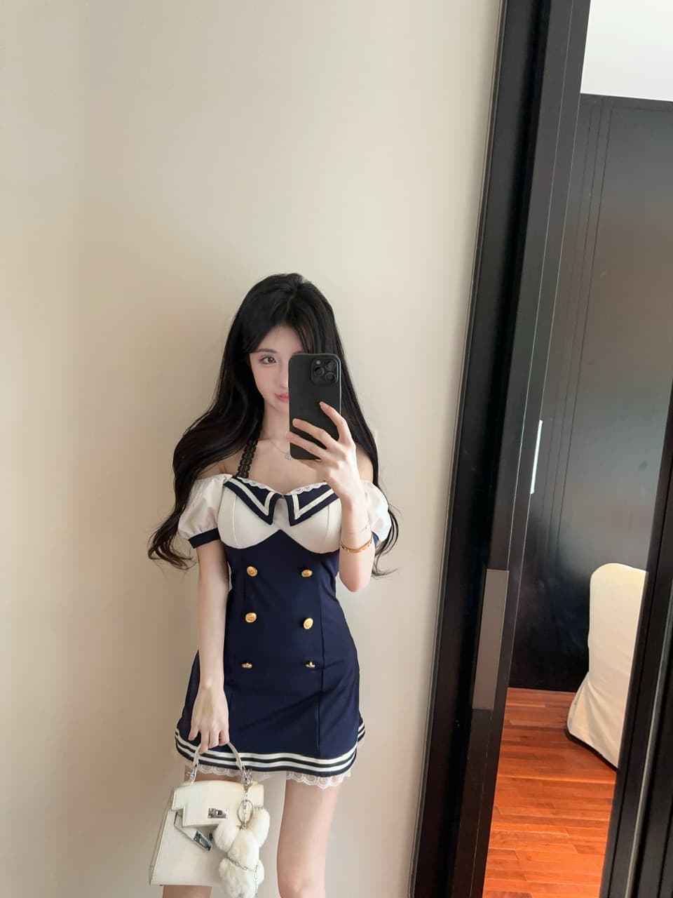 실사 학원 스타일 배색 오프숄더 행침 목 작은 키 순수한 욕망 핫걸 거품 소매 섹시함 허리 수축 드레스 상세 이미지 6