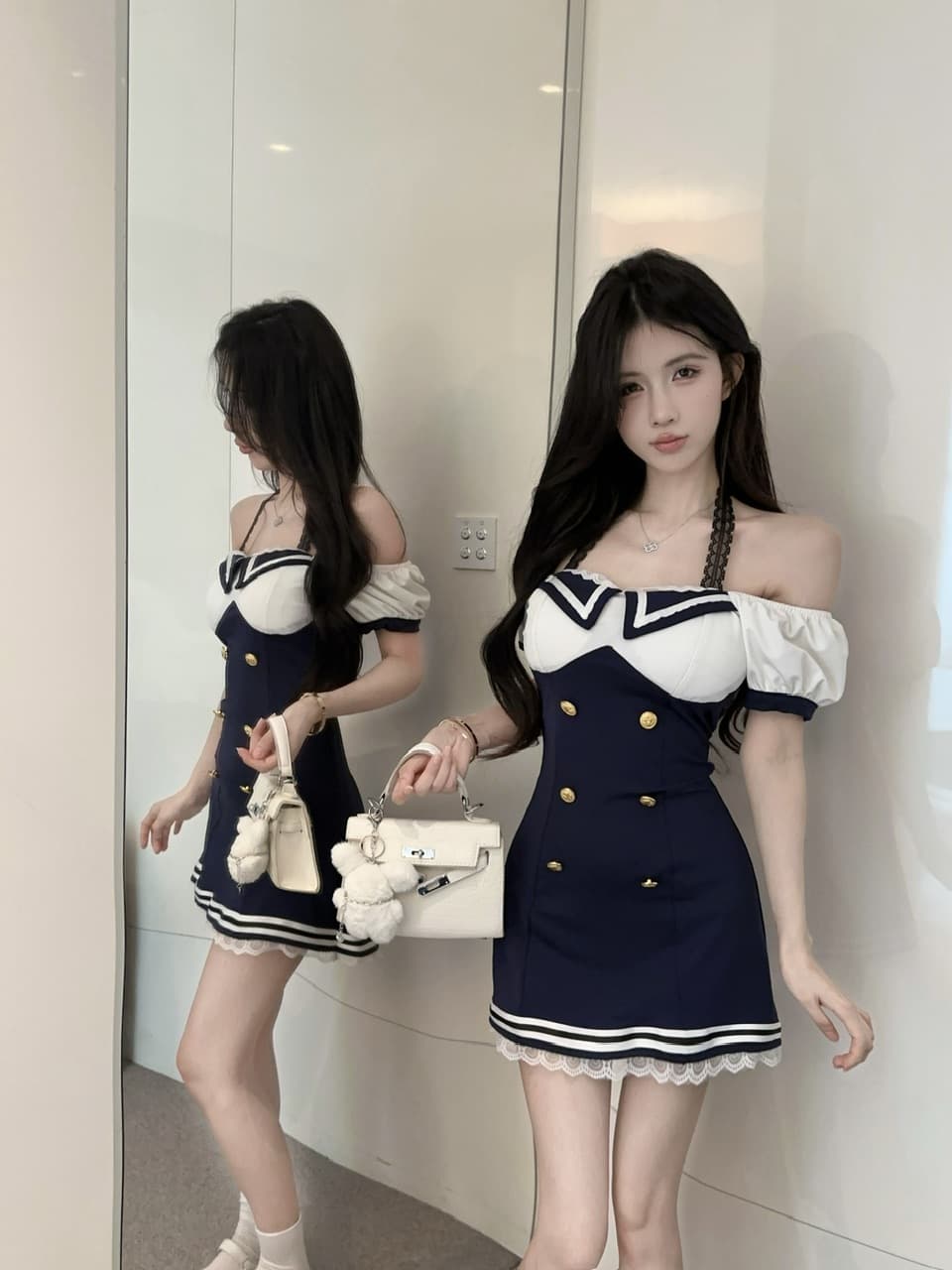 실사 학원 스타일 배색 오프숄더 행침 목 작은 키 순수한 욕망 핫걸 거품 소매 섹시함 허리 수축 드레스 상세 이미지 10