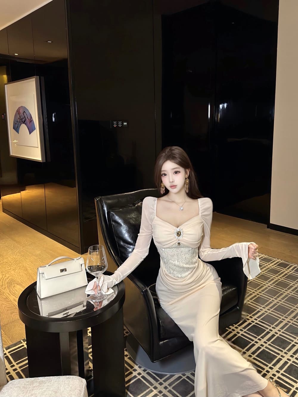 실사 디자인 센스 작은 대중 스팽글 몸매 가꾸기 주름 나팔 소매 허리 수축 타이트 스커트 롱 코트 드레스 상세 이미지 3