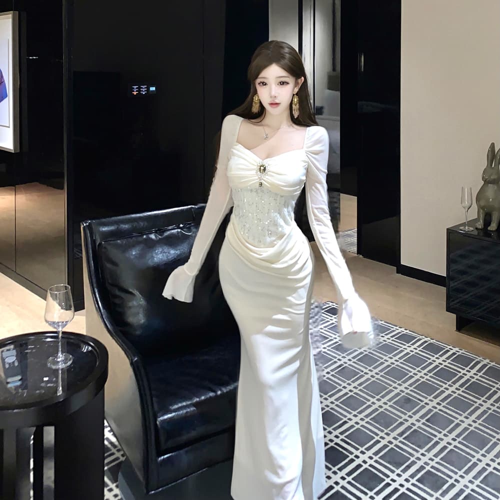 실사 디자인 센스 작은 대중 스팽글 몸매 가꾸기 주름 나팔 소매 허리 수축 타이트 스커트 롱 코트 드레스 상세 이미지 8