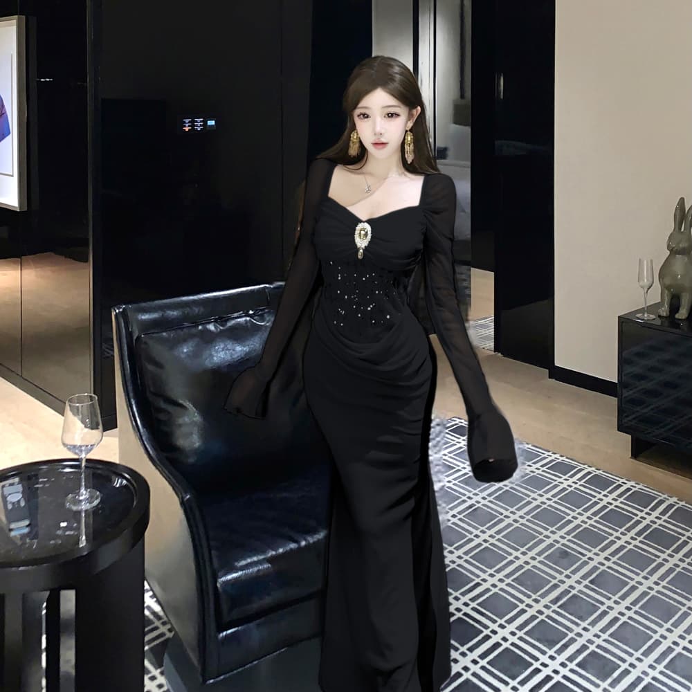 실사 디자인 센스 작은 대중 스팽글 몸매 가꾸기 주름 나팔 소매 허리 수축 타이트 스커트 롱 코트 드레스 상세 이미지 15